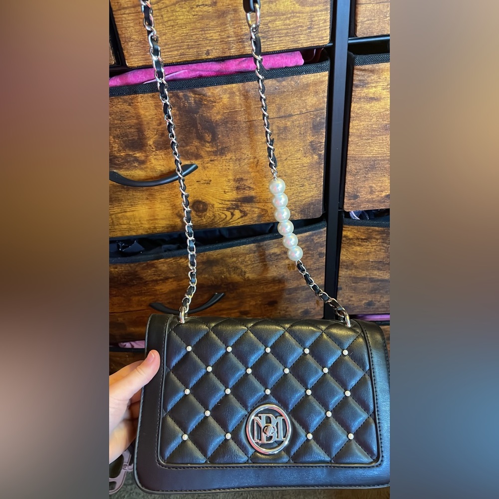 Badgley Mischka Black Quilted Crossbody with Pearl Chain Detail